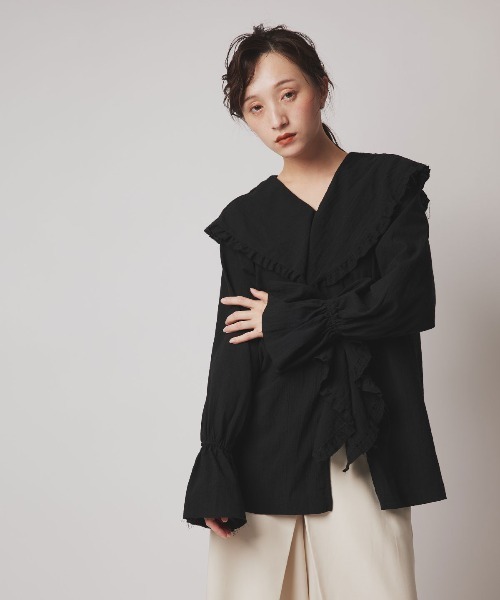 W:Huku(フーク)の「ミックス ガーゼ ビッグカラー フリル ブラウス / Mix Gauze Big Collar Frill Blouse(シャツ/ブラウス・レディース・ベージュ/ブルーグレー/ブラック/ホワイト・FREE)」の11枚目の写真