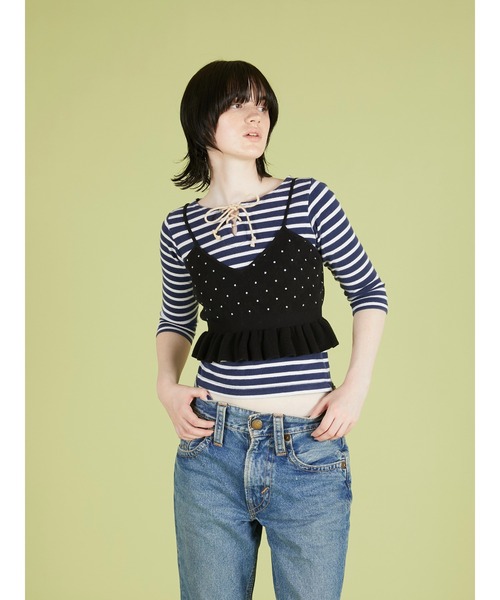 crinkle crinkle crinkle（クリンクルクリンクルクリンクル）の「【crinkle crinkle crinkle】dot cami/ドットキャミ（ニット/セーター・レディース・ブラック/アイボリー・FREE）」の8枚目の写真