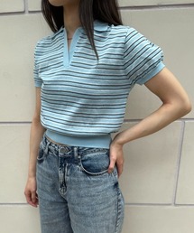 FLEK（フレック）の「LINEN STRIPED COLLAR KNIT（ポロシャツ）」