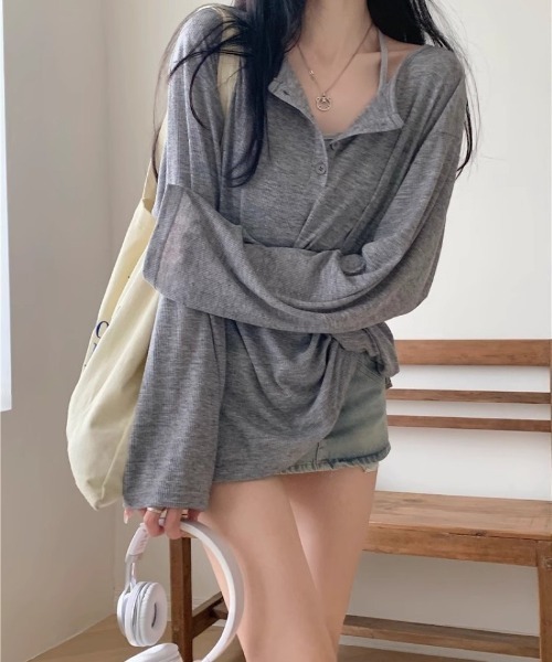 Ritzy(リッツィー)の「ヘンリーネックシアートップス(Tシャツ/カットソー・レディース・グレー/ホワイト/ブラック・M/L)」の3枚目の写真