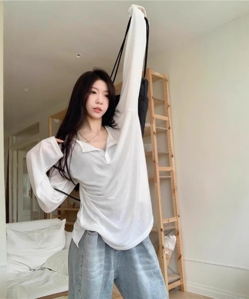 Ritzy(リッツィー)の「ヘンリーネックシアートップス(Tシャツ/カットソー・レディース・グレー/ホワイト/ブラック・M/L)」の1枚目の写真