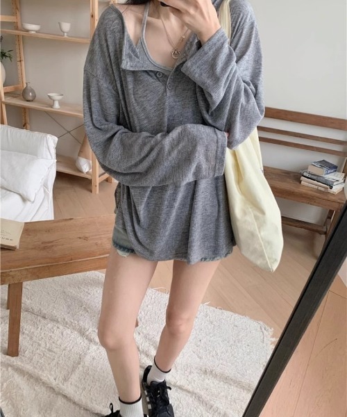 Ritzy(リッツィー)の「ヘンリーネックシアートップス(Tシャツ/カットソー・レディース・グレー/ホワイト/ブラック・M/L)」の5枚目の写真