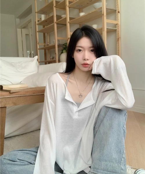 Ritzy(リッツィー)の「ヘンリーネックシアートップス(Tシャツ/カットソー・レディース・グレー/ホワイト/ブラック・M/L)」の9枚目の写真