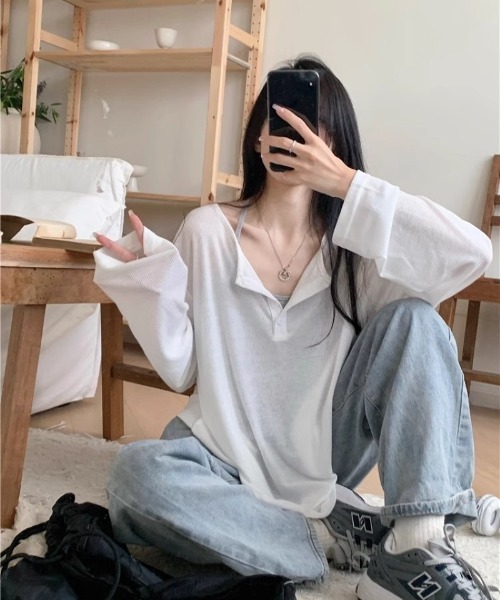 Ritzy(リッツィー)の「ヘンリーネックシアートップス(Tシャツ/カットソー・レディース・グレー/ホワイト/ブラック・M/L)」の10枚目の写真