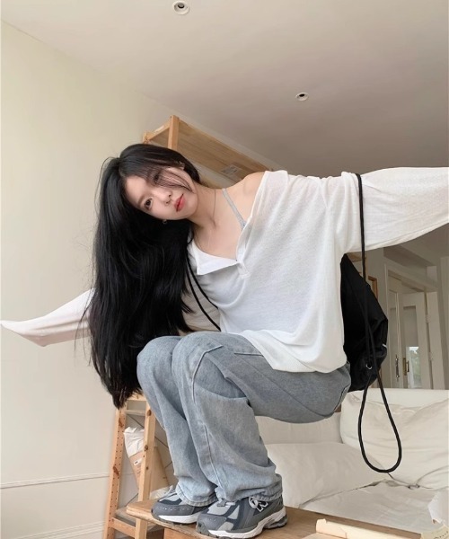 Ritzy(リッツィー)の「ヘンリーネックシアートップス(Tシャツ/カットソー・レディース・グレー/ホワイト/ブラック・M/L)」の13枚目の写真