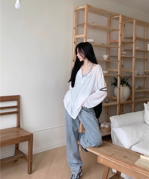 Ritzy(リッツィー)の「ヘンリーネックシアートップス(Tシャツ/カットソー・レディース・グレー/ホワイト/ブラック・M/L)」の15枚目の写真