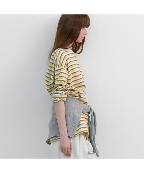 ATELIER NAIN(アトリエナイン)の「MULTI STRIPE BOXI TEE (T-7173)(Tシャツ/カットソー・レディース・イエロー/ブルー・FREE)」の2枚目の写真