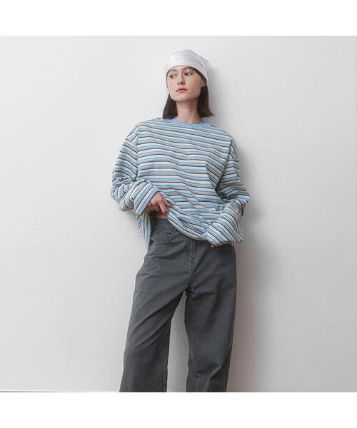 ATELIER NAIN(アトリエナイン)の「MULTI STRIPE BOXI TEE (T-7173)(Tシャツ/カットソー・レディース・イエロー/ブルー・FREE)」の1枚目の写真