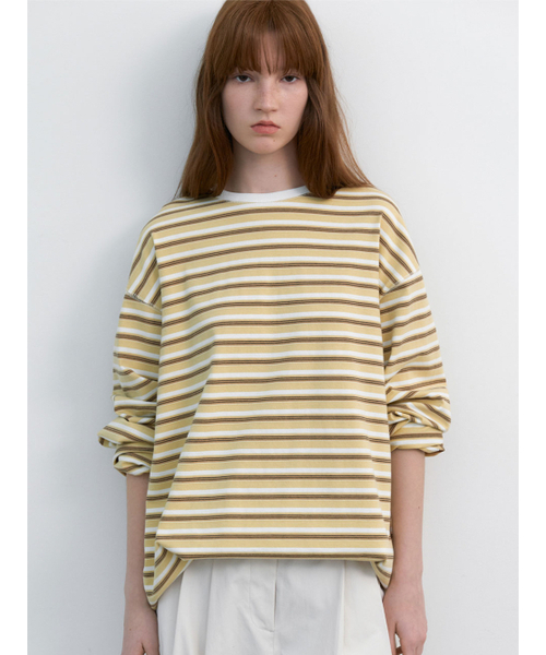 ATELIER NAIN(アトリエナイン)の「MULTI STRIPE BOXI TEE (T-7173)(Tシャツ/カットソー・レディース・イエロー/ブルー・FREE)」の3枚目の写真
