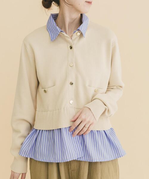 ITEMS URBANRESEARCH（アイテムズ アーバンリサーチ）の「シャツレイヤーニットカーディガン（ニット/セーター・レディース・ネイビー/オフホワイト・FREE）」の2枚目の写真