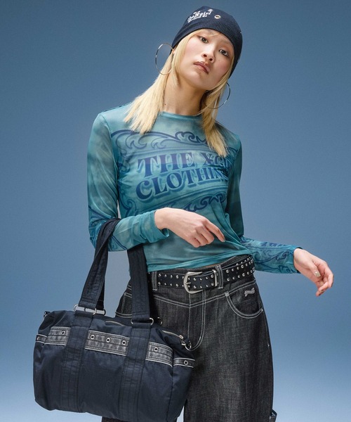 X-girl（エックスガール）の「ORNAMENT LOGO MESH TOP（Tシャツ/カットソー・レディース・グリーン/チャコール・ONE SIZE）」の3枚目の写真