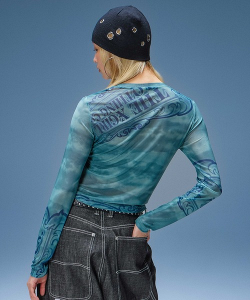 X-girl（エックスガール）の「ORNAMENT LOGO MESH TOP（Tシャツ/カットソー・レディース・グリーン/チャコール・ONE SIZE）」の6枚目の写真