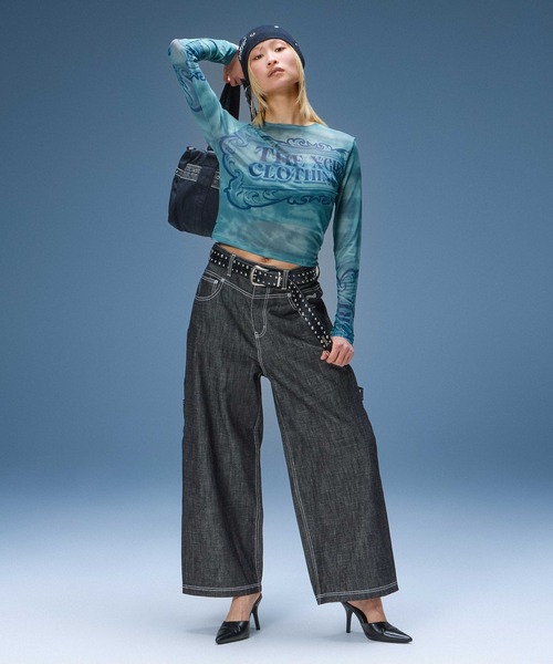 X-girl（エックスガール）の「ORNAMENT LOGO MESH TOP（Tシャツ/カットソー・レディース・グリーン/チャコール・ONE SIZE）」の8枚目の写真