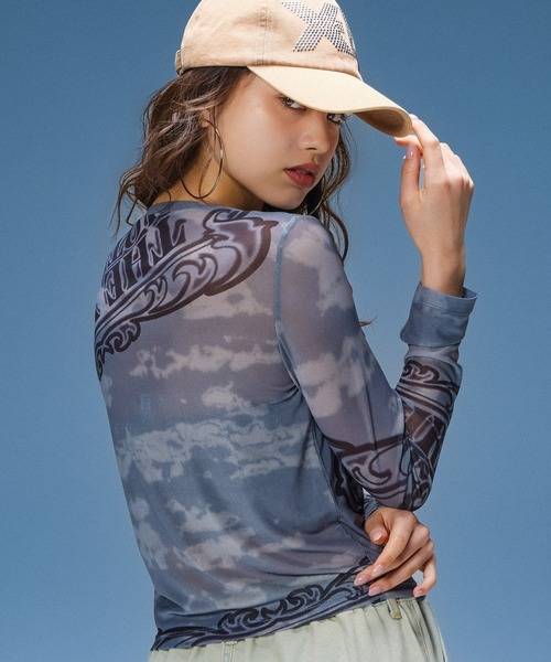 X-girl（エックスガール）の「ORNAMENT LOGO MESH TOP（Tシャツ/カットソー・レディース・グリーン/チャコール・ONE SIZE）」の10枚目の写真