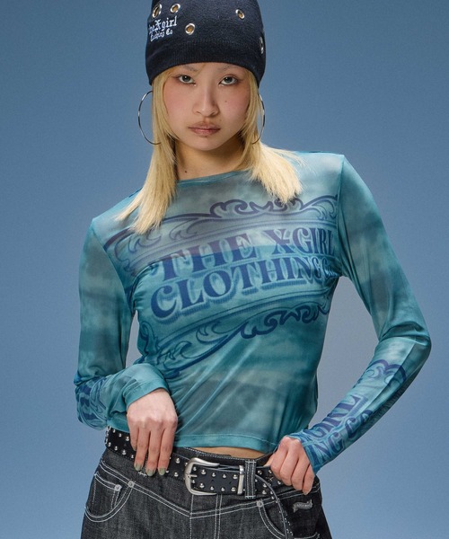 X-girl（エックスガール）の「ORNAMENT LOGO MESH TOP（Tシャツ/カットソー・レディース・グリーン/チャコール・ONE SIZE）」の22枚目の写真