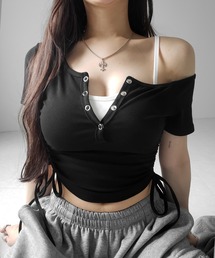 me+em select | 【 ２点セット 】ヘンリーネックサイドリボン半袖ぴちＴシャツ ／ Henley neck side ribbon short-sleeve pichi T-shirt(Tシャツ/カットソー)