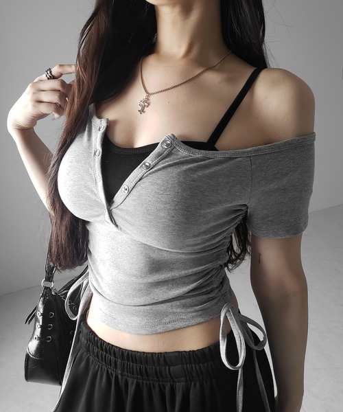 me+em select(ミームセレクト)の「【 2点セット 】ヘンリーネックサイドリボン半袖ぴちTシャツ / Henley neck side ribbon short-sleeve pichi T-shirt(Tシャツ/カットソー・レディース・ホワイト/グレー/ブラック・FREE)」の19枚目の写真
