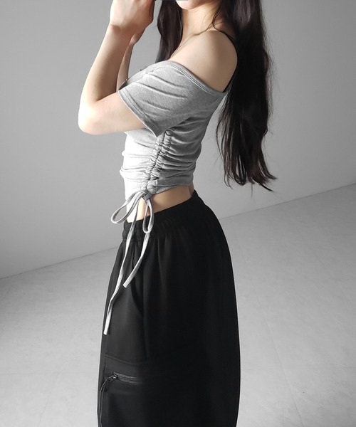 me+em select(ミームセレクト)の「【 2点セット 】ヘンリーネックサイドリボン半袖ぴちTシャツ / Henley neck side ribbon short-sleeve pichi T-shirt(Tシャツ/カットソー・レディース・ホワイト/グレー/ブラック・FREE)」の20枚目の写真