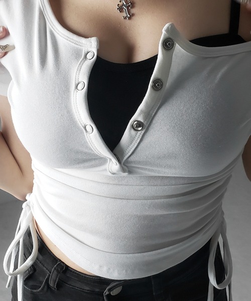 me+em select(ミームセレクト)の「【 2点セット 】ヘンリーネックサイドリボン半袖ぴちTシャツ / Henley neck side ribbon short-sleeve pichi T-shirt(Tシャツ/カットソー・レディース・ホワイト/グレー/ブラック・FREE)」の22枚目の写真