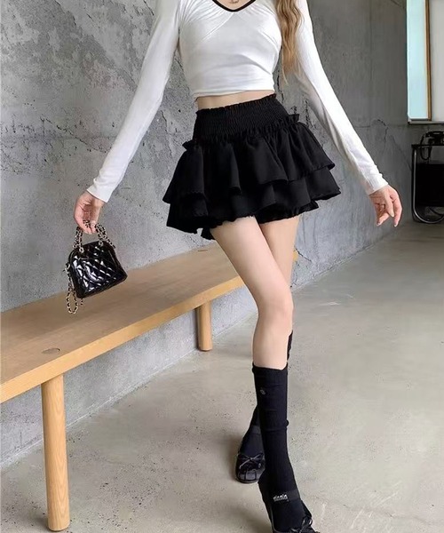 AsheKsha(アシクシャ)の「スイートクールバレエ風ダブルフリルケーキミニスカート(スカート・レディース・ブラック・M)」の1枚目の写真
