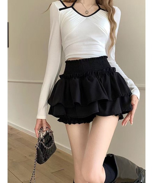AsheKsha(アシクシャ)の「スイートクールバレエ風ダブルフリルケーキミニスカート(スカート・レディース・ブラック・M)」の3枚目の写真