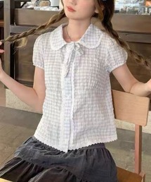 チェック柄ショットスリーブブラウス