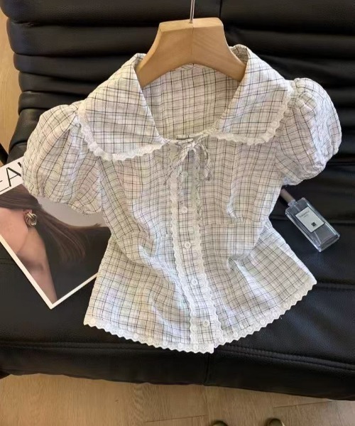Achic(アシック)の「チェック柄ショットスリーブブラウス(Tシャツ/カットソー・レディース・ホワイト/ネイビー・M)」の18枚目の写真