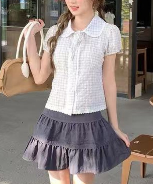 Achic(アシック)の「チェック柄ショットスリーブブラウス(Tシャツ/カットソー・レディース・ホワイト/ネイビー・M)」の7枚目の写真