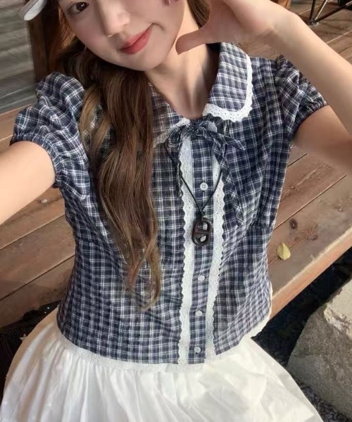 Achic(アシック)の「チェック柄ショットスリーブブラウス(Tシャツ/カットソー・レディース・ホワイト/ネイビー・M)」の16枚目の写真