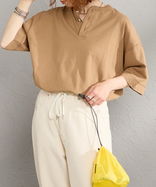 Healthknit（ヘルスニット）の「[HEALTHKNIT/ヘルスニット] 別注 ビックシルエット ヘンリーネックTシャツ（Tシャツ/カットソー・レディース・ベージュ/オートミール/ブラック・M/L/XL）」の12枚目の写真