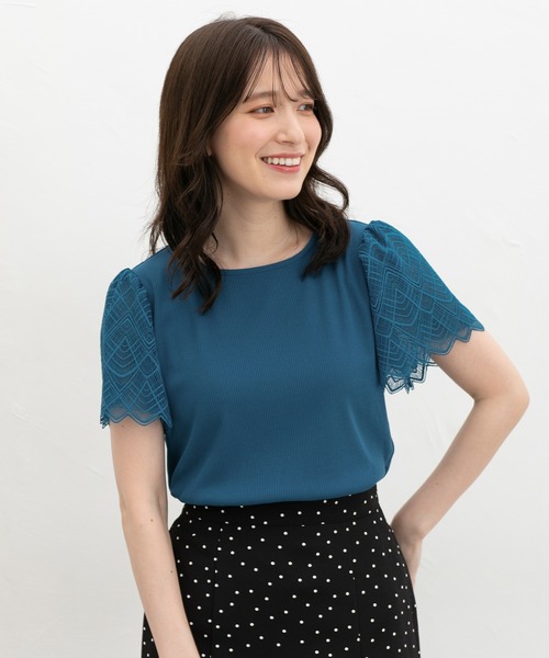 Honeys(ハニーズ)の「【ハニさら・接触冷感・UVカット】袖レーストップス(Tシャツ/カットソー・レディース・イエロー/ライトベージュ/ブラック/アイボリー/ミント/ピンク系その他2/ブルーグリーン・S/M/LL/L/3L)」の5枚目の写真