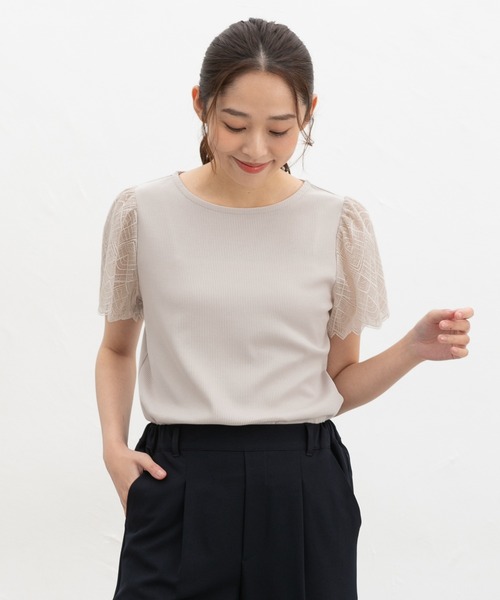Honeys(ハニーズ)の「【ハニさら・接触冷感・UVカット】袖レーストップス(Tシャツ/カットソー・レディース・イエロー/ライトベージュ/ブラック/アイボリー/ミント/ピンク系その他2/ブルーグリーン・S/M/LL/L/3L)」の3枚目の写真
