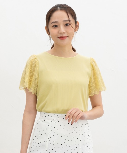 Honeys(ハニーズ)の「【ハニさら・接触冷感・UVカット】袖レーストップス(Tシャツ/カットソー・レディース・イエロー/ライトベージュ/ブラック/アイボリー/ミント/ピンク系その他2/ブルーグリーン・S/M/LL/L/3L)」の6枚目の写真