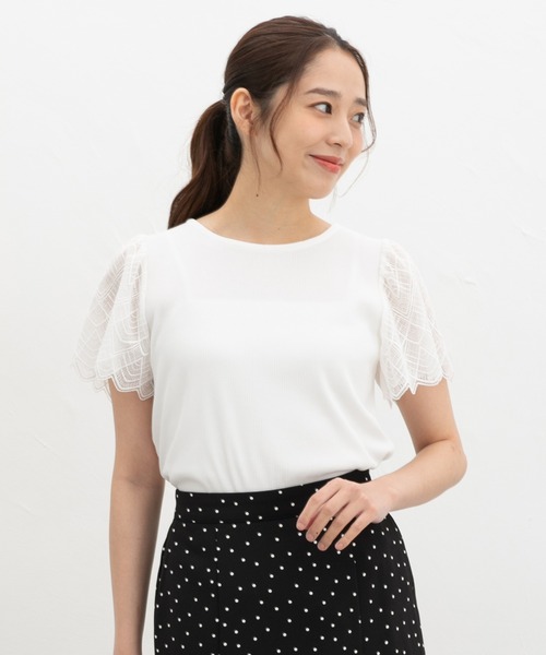 Honeys(ハニーズ)の「【ハニさら・接触冷感・UVカット】袖レーストップス(Tシャツ/カットソー・レディース・イエロー/ライトベージュ/ブラック/アイボリー/ミント/ピンク系その他2/ブルーグリーン・S/M/LL/L/3L)」の2枚目の写真
