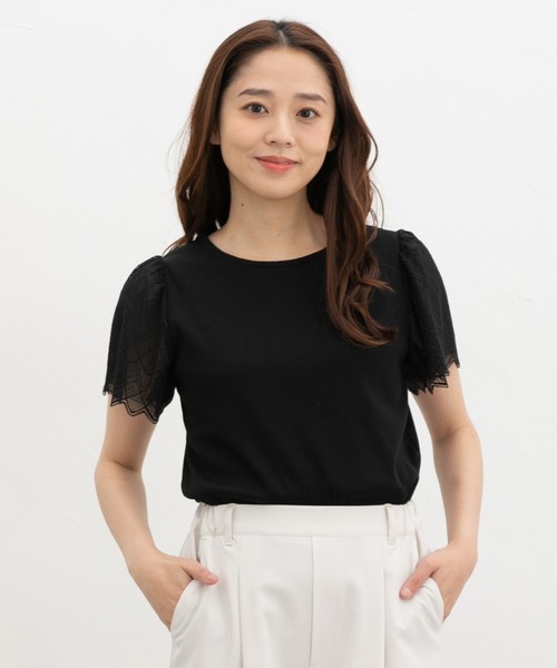 Honeys(ハニーズ)の「【ハニさら・接触冷感・UVカット】袖レーストップス(Tシャツ/カットソー・レディース・イエロー/ライトベージュ/ブラック/アイボリー/ミント/ピンク系その他2/ブルーグリーン・S/M/LL/L/3L)」の1枚目の写真