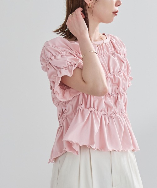 UR'S(ユアーズ)の「ポコポコシャーリング半袖Tシャツ(Tシャツ/カットソー・レディース・ピンク/ブラウン/ブラック/オフホワイト/オートミール・M/L)」の1枚目の写真