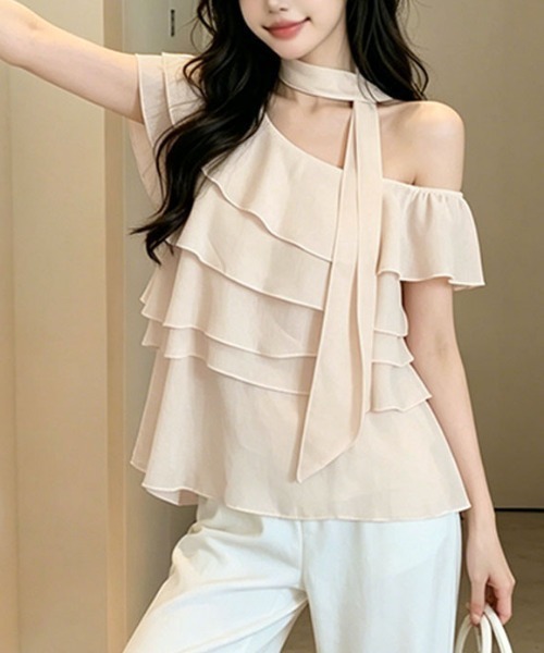 AMAJI(アマジ)の「シフォン フリル ワンショルダー トップス(その他トップス・レディース・ライトピンク/ベージュ/パープル・X-LARGE/LARGE/MEDIUM/SMALL)」の5枚目の写真