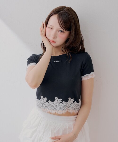 Chico（チコ）の「裾レースチビT（Tシャツ/カットソー・レディース・ベージュ/ホワイト/ブラック・FREE）」の7枚目の写真