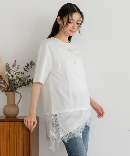 Nulli(ヌリ)の「サテンレースレイヤードTシャツ(Tシャツ/カットソー・レディース・オフホワイト/ブラック・FREE)」の1枚目の写真