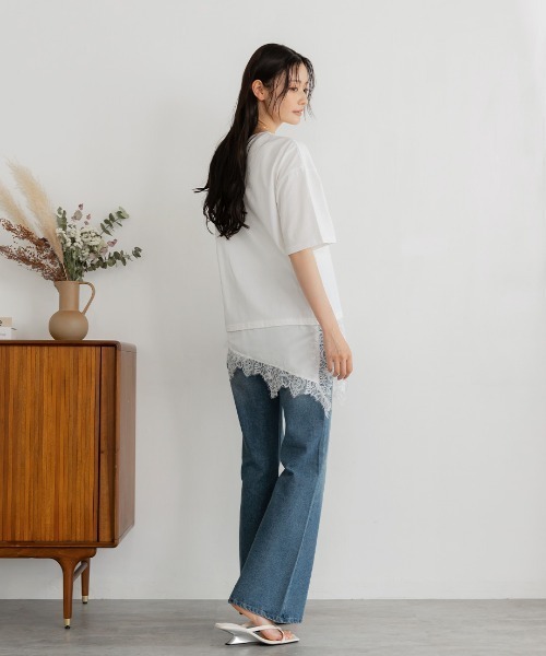 Nulli(ヌリ)の「サテンレースレイヤードTシャツ(Tシャツ/カットソー・レディース・オフホワイト/ブラック・FREE)」の3枚目の写真