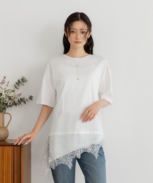 Nulli(ヌリ)の「サテンレースレイヤードTシャツ(Tシャツ/カットソー・レディース・オフホワイト/ブラック・FREE)」の5枚目の写真
