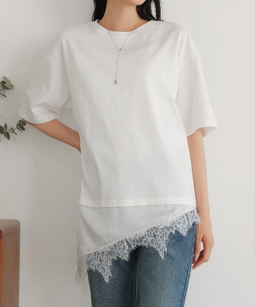 Nulli(ヌリ)の「サテンレースレイヤードTシャツ(Tシャツ/カットソー・レディース・オフホワイト/ブラック・FREE)」の4枚目の写真