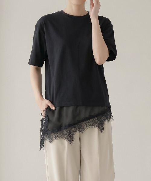 Nulli(ヌリ)の「サテンレースレイヤードTシャツ(Tシャツ/カットソー・レディース・オフホワイト/ブラック・FREE)」の8枚目の写真