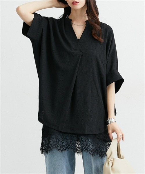 nissen(ニッセン)の「楊柳カットソージャガードスキッパードルマントップス(Tシャツ/カットソー・レディース・オフホワイト/ブラック/ブルー・L/M/LL)」の2枚目の写真