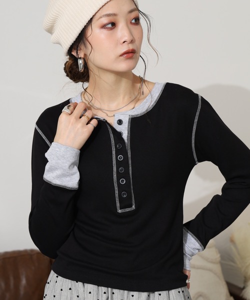 crossi(クロッシー)の「配色ヘンリーネック長袖リブニットカットソー(Tシャツ/カットソー・レディース・ブラック・LARGE)」の1枚目の写真