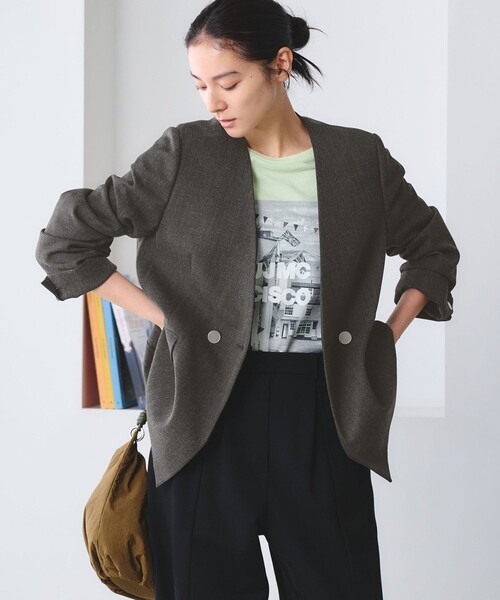 BEAUTY&YOUTH UNITED ARROWS（ビューティーアンドユースユナイテッドアローズ）の「【WEB限定 Wardrobe DAILY MINIMAL】メランジ ダブルノーカラージャケット ウォッシャブル（ノーカラージャケット・レディース・モカ/ダークグレー・S/L/M）」の3枚目の写真