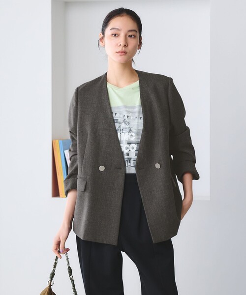 BEAUTY&YOUTH UNITED ARROWS（ビューティーアンドユースユナイテッドアローズ）の「【WEB限定 Wardrobe DAILY MINIMAL】メランジ ダブルノーカラージャケット ウォッシャブル（ノーカラージャケット・レディース・モカ/ダークグレー・S/L/M）」の4枚目の写真