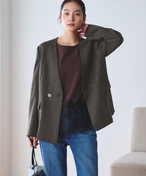 BEAUTY&YOUTH UNITED ARROWS（ビューティーアンドユースユナイテッドアローズ）の「【WEB限定 Wardrobe DAILY MINIMAL】メランジ ダブルノーカラージャケット ウォッシャブル（ノーカラージャケット・レディース・モカ/ダークグレー・S/L/M）」の8枚目の写真