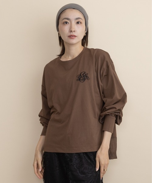 lodie(ロディ)の「胸ロゴモチーフ 異素材コンビ ロンT(Tシャツ/カットソー・レディース・ブラウン/ベージュ/チャコールグレー/ブラック・FREE)」の1枚目の写真