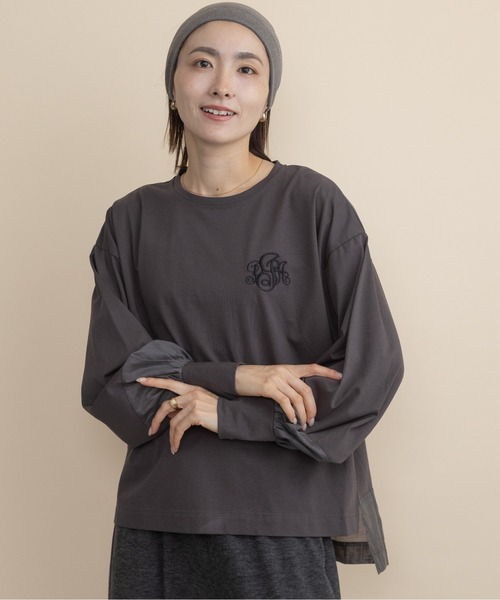 lodie(ロディ)の「胸ロゴモチーフ 異素材コンビ ロンT(Tシャツ/カットソー・レディース・ブラウン/ベージュ/チャコールグレー/ブラック・FREE)」の3枚目の写真